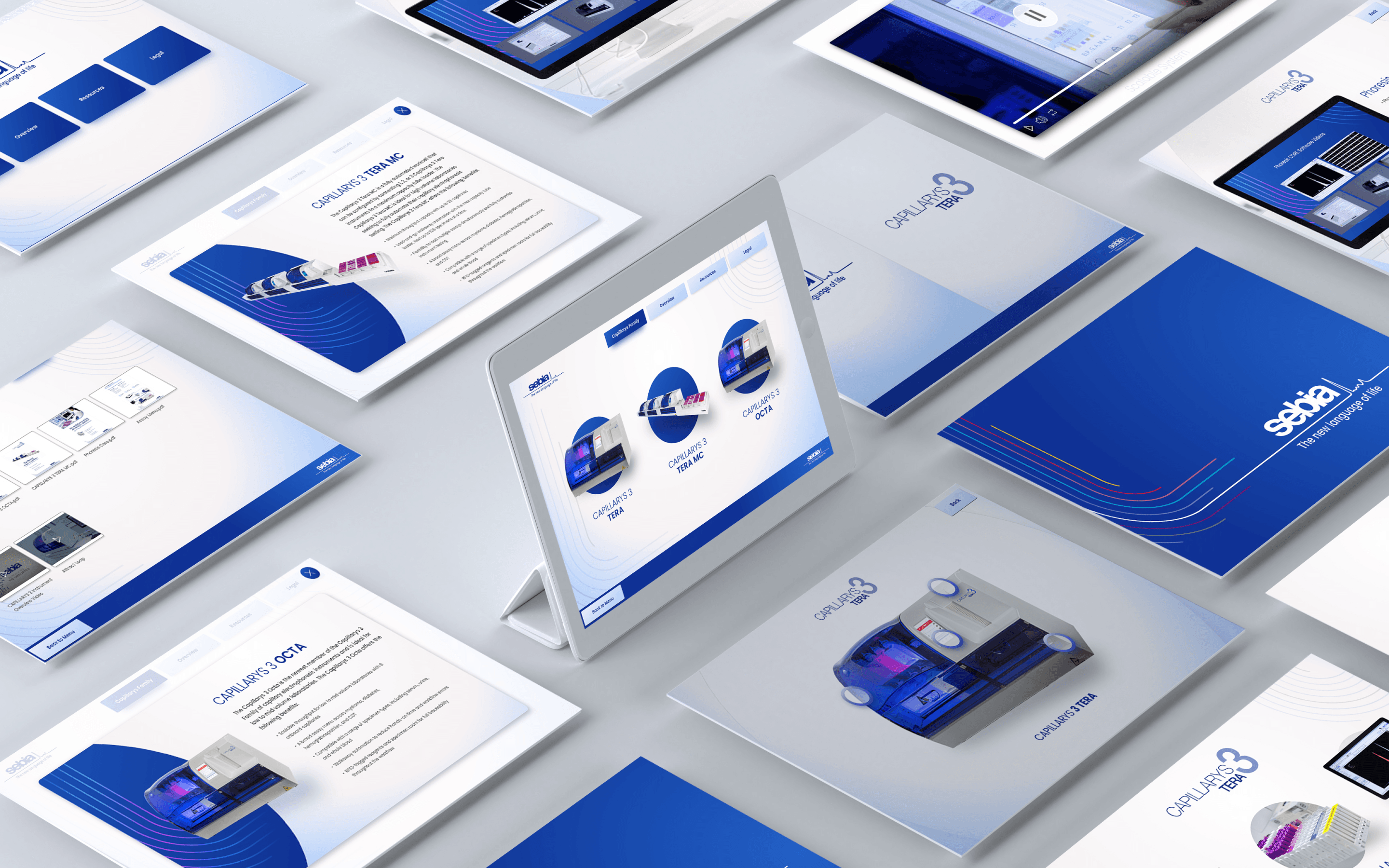 A collection of screenshots from the Sebia Sales App. They all feature a polished blue and white aesthetic and showcase various functionalities including videos players, modal dialogs, and a variety of button designs.